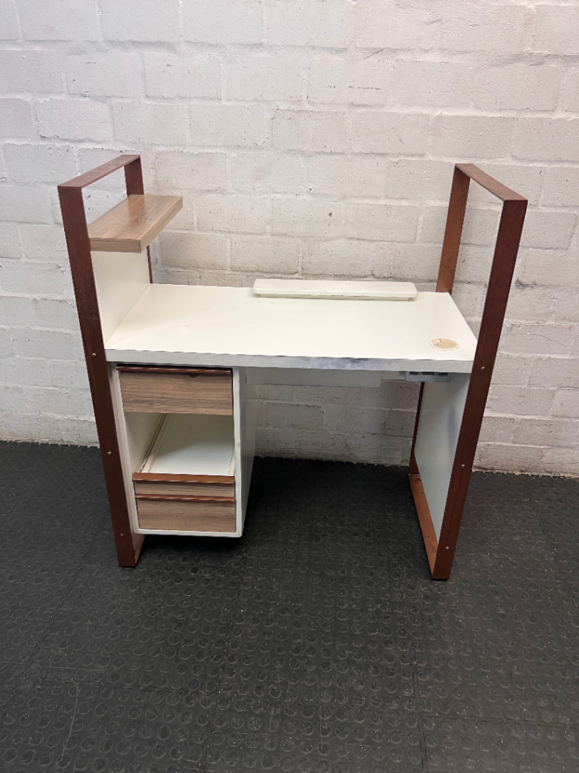 White Manicure Desk with Wood-Tone Trim and Storage — Well Used with Visible Wear