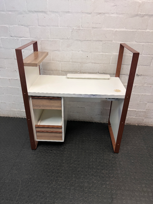White Manicure Desk with Wood-Tone Trim and Storage — Well Used with Visible Wear