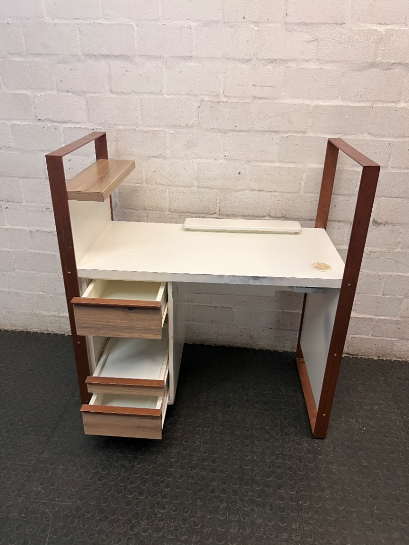 White Manicure Desk with Wood-Tone Trim and Storage — Well Used with Visible Wear