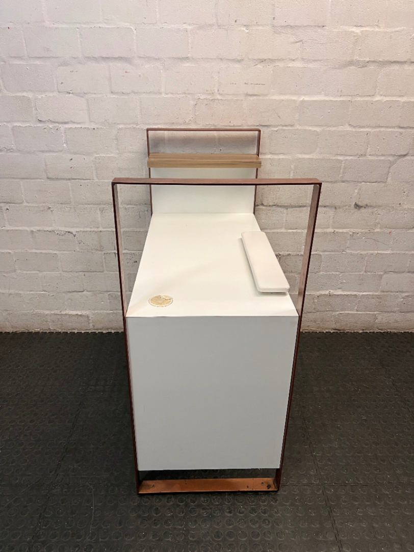 White Manicure Desk with Wood-Tone Trim and Storage — Well Used with Visible Wear