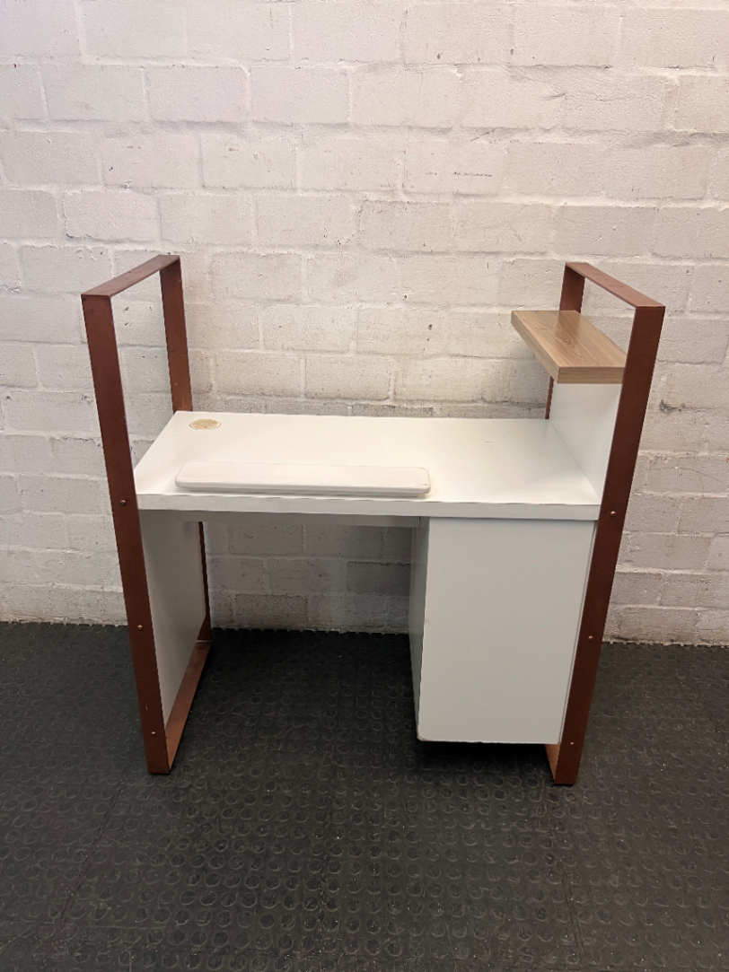 White Manicure Desk with Wood-Tone Trim and Storage — Well Used with Visible Wear