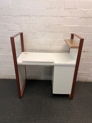 White Manicure Desk with Wood-Tone Trim and Storage — Well Used with Visible Wear