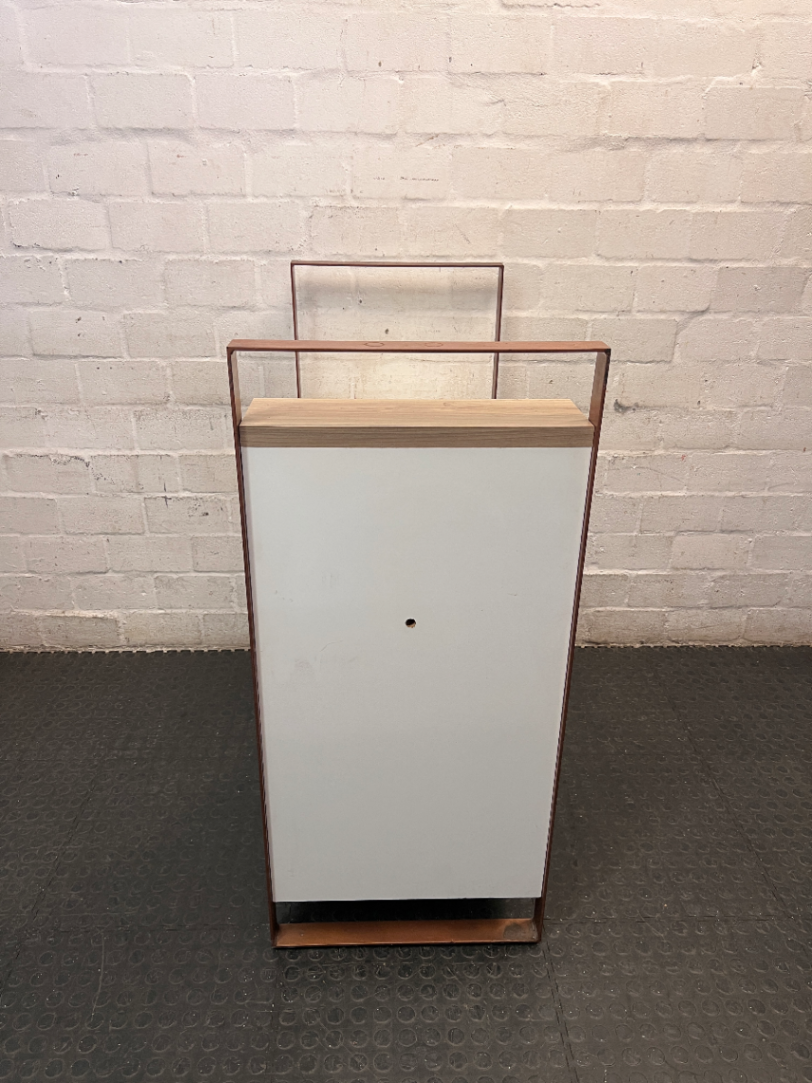 White Manicure Desk with Wood-Tone Trim and Storage — Well Used with Visible Wear