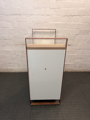 White Manicure Desk with Wood-Tone Trim and Storage — Well Used with Visible Wear
