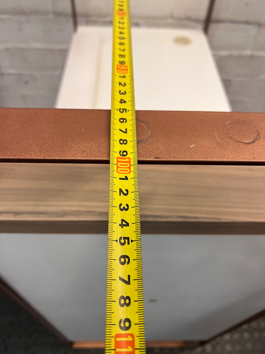 White Manicure Desk with Wood-Tone Trim and Storage — Well Used with Visible Wear
