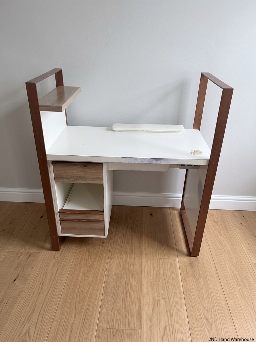 White Manicure Desk with Wood-Tone Trim and Storage — Well Used with Visible Wear