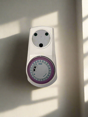 White wall-mounted timer with a circular dial on a light-colored wall.