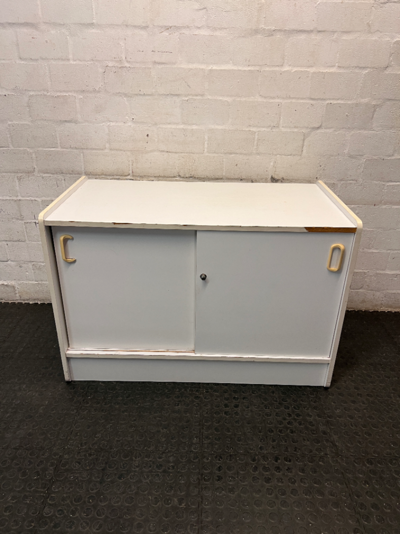 White Office Cupboard with Sliding Doors — Damaged Front Edging and Broken Door Lock