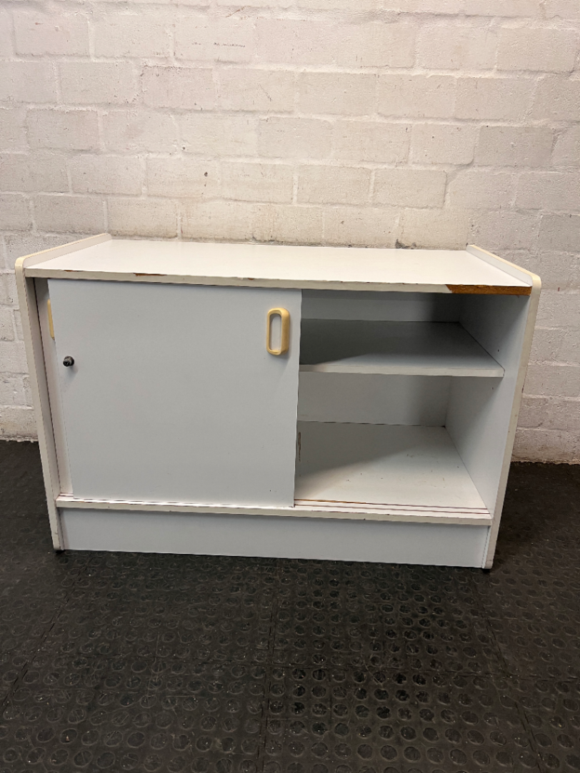 White Office Cupboard with Sliding Doors — Damaged Front Edging and Broken Door Lock