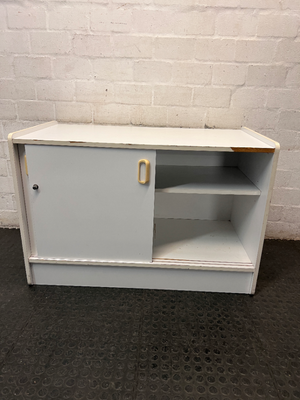 White Office Cupboard with Sliding Doors — Damaged Front Edging and Broken Door Lock