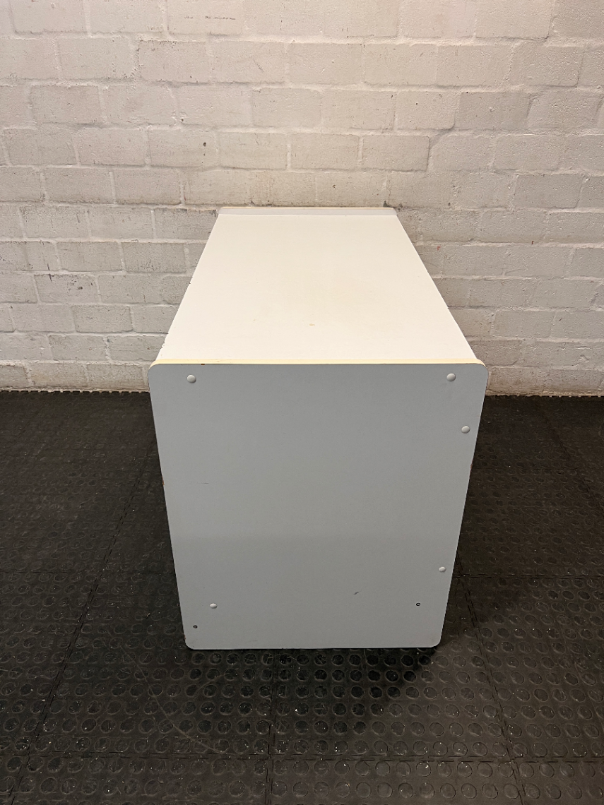 White Office Cupboard with Sliding Doors — Damaged Front Edging and Broken Door Lock