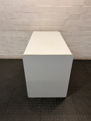 White Office Cupboard with Sliding Doors — Damaged Front Edging and Broken Door Lock
