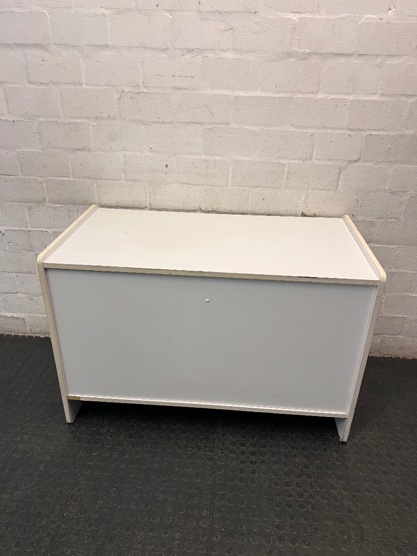 White Office Cupboard with Sliding Doors — Damaged Front Edging and Broken Door Lock