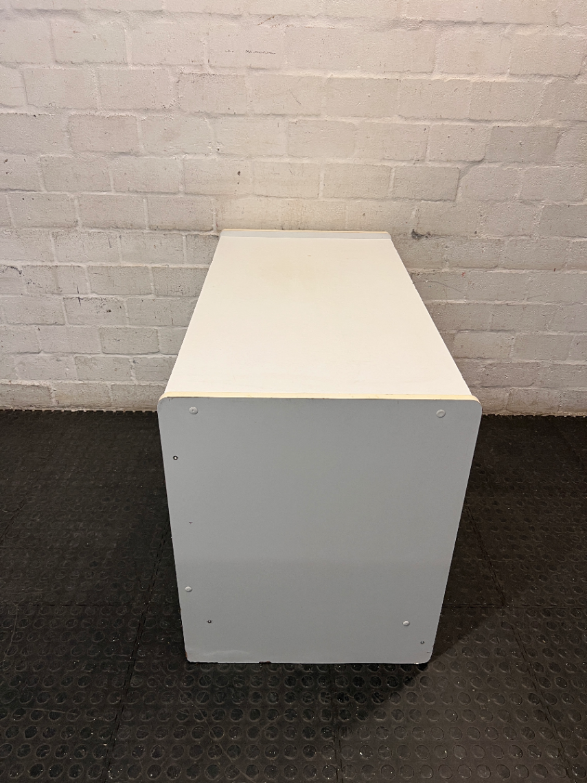 White Office Cupboard with Sliding Doors — Damaged Front Edging and Broken Door Lock