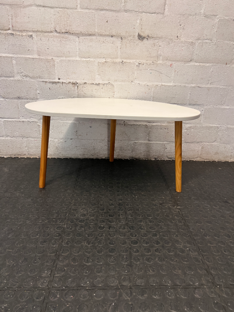 White Organic Top Side Table with Wooden Tripod Legs — Good Working Order