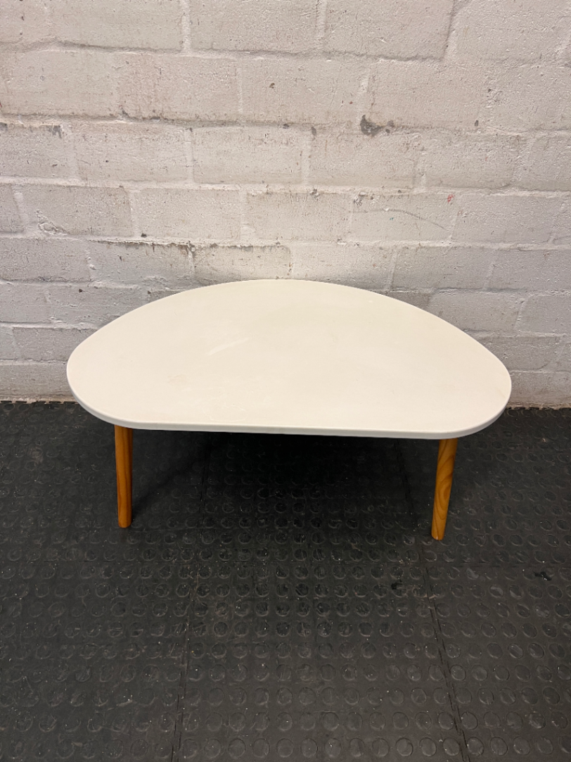 White Organic Top Side Table with Wooden Tripod Legs — Good Working Order
