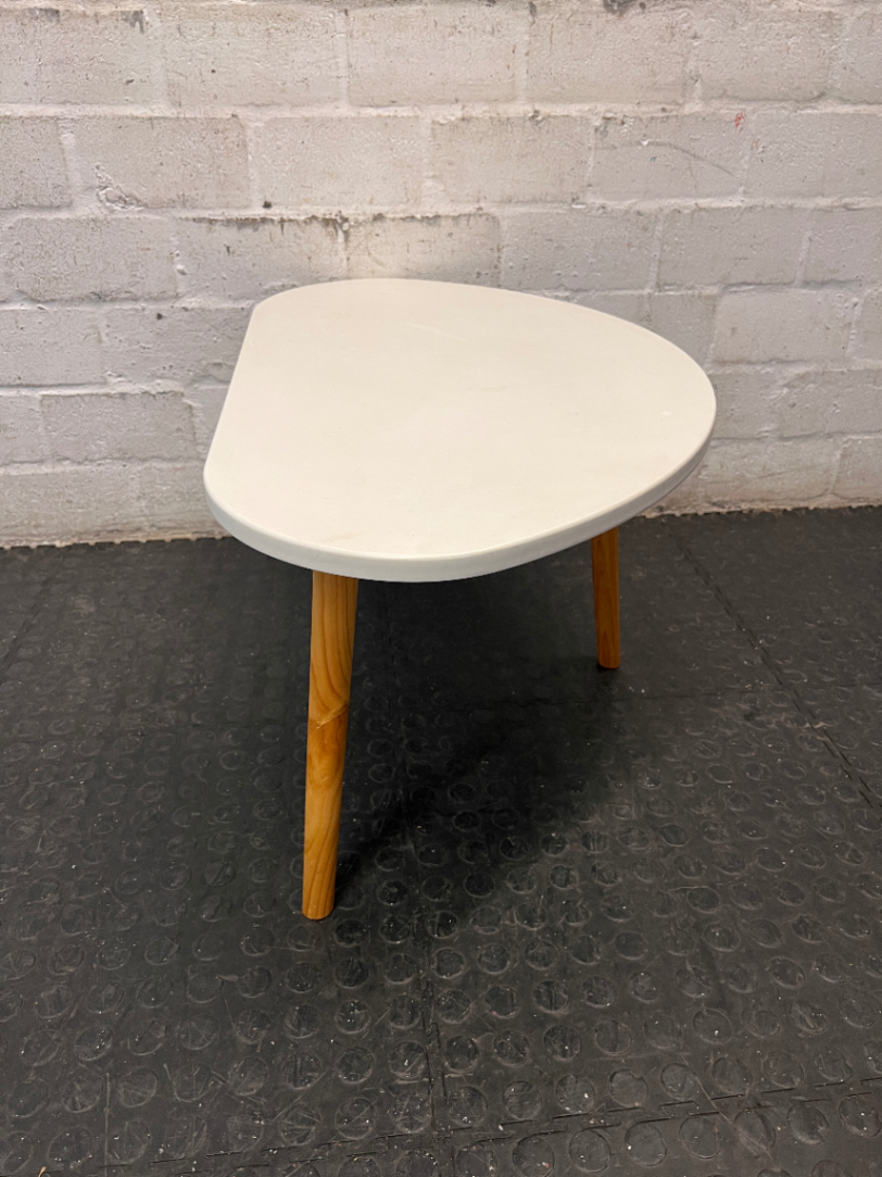 White Organic Top Side Table with Wooden Tripod Legs — Good Working Order