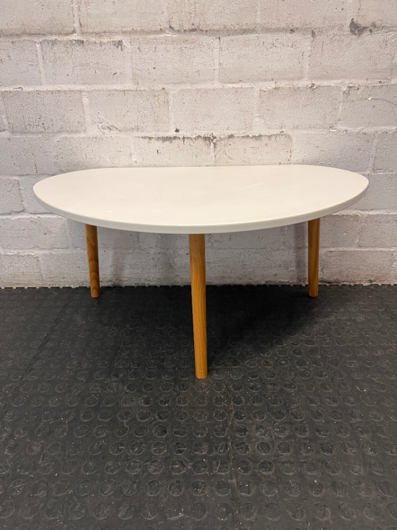 White Organic Top Side Table with Wooden Tripod Legs — Good Working Order