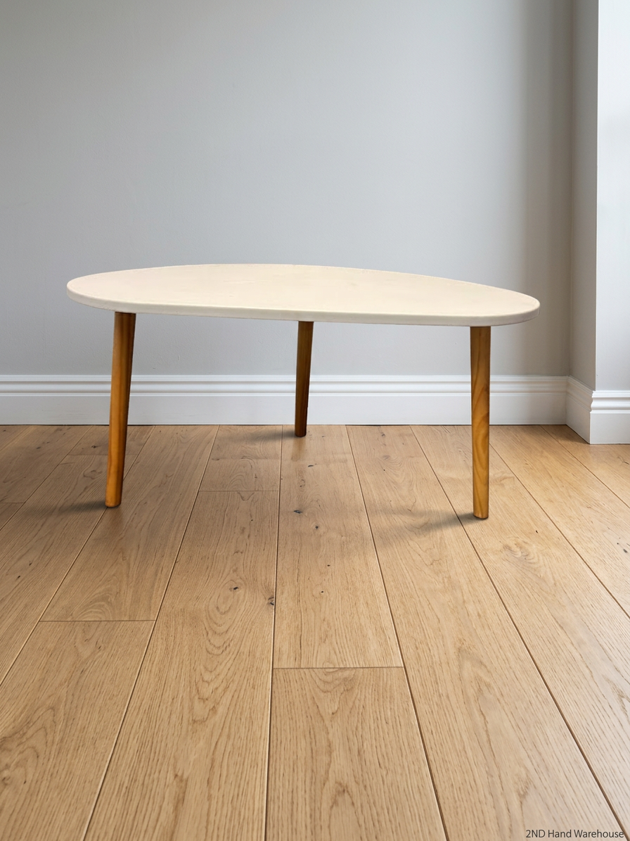White Organic Top Side Table with Wooden Tripod Legs — Good Working Order
