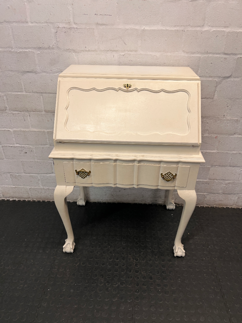 White Painted Vintage Writing Bureau with Ball and Claw Feet — Fair Condition with Visible Wear