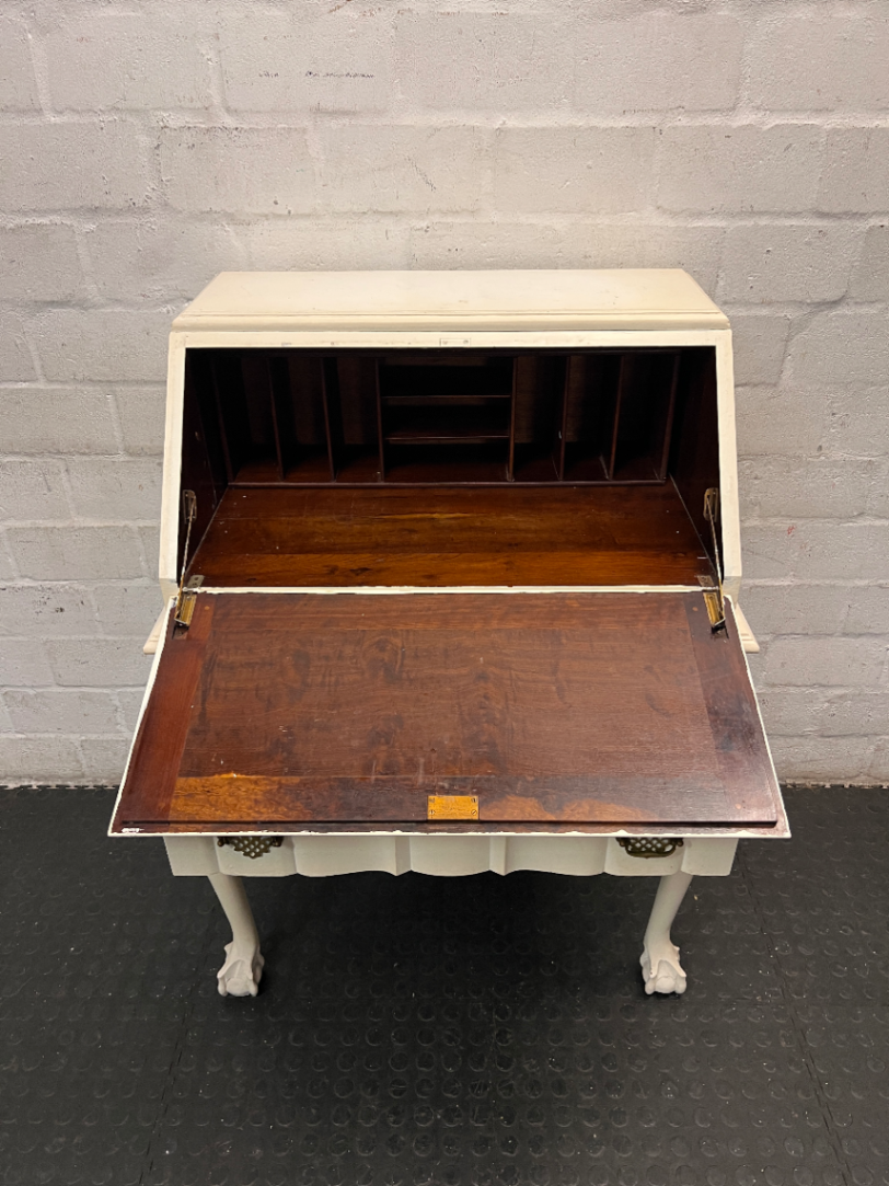 White Painted Vintage Writing Bureau with Ball and Claw Feet — Fair Condition with Visible Wear