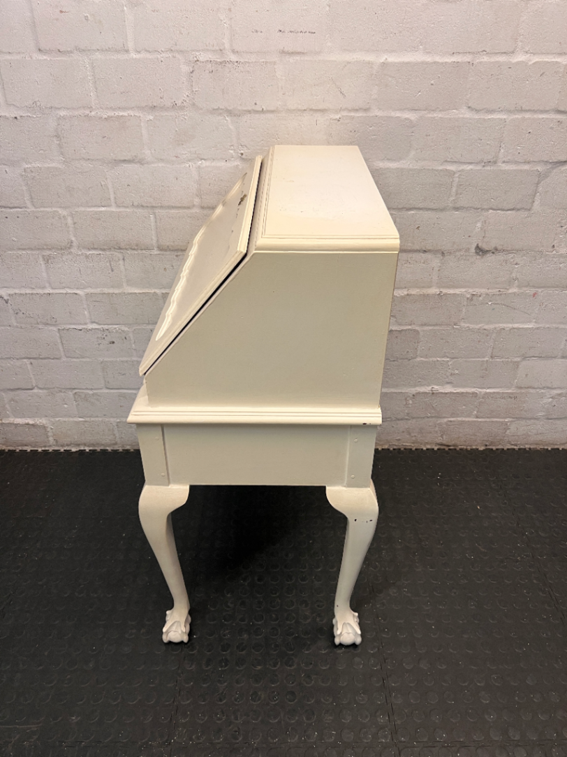 White Painted Vintage Writing Bureau with Ball and Claw Feet — Fair Condition with Visible Wear