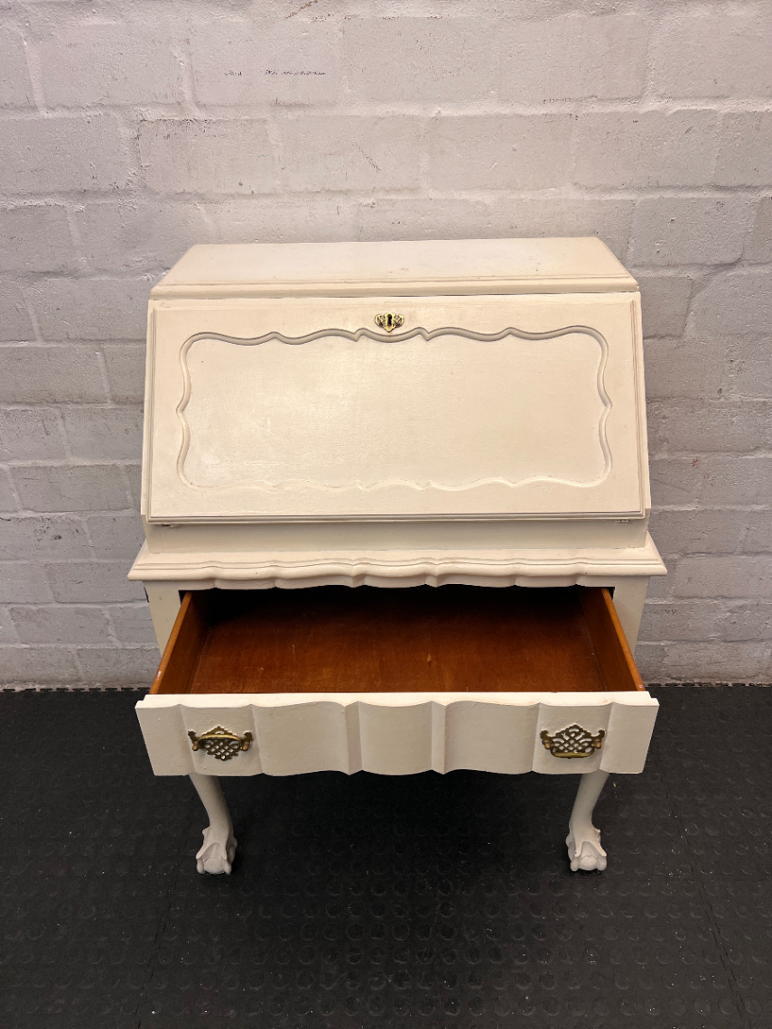 White Painted Vintage Writing Bureau with Ball and Claw Feet — Fair Condition with Visible Wear