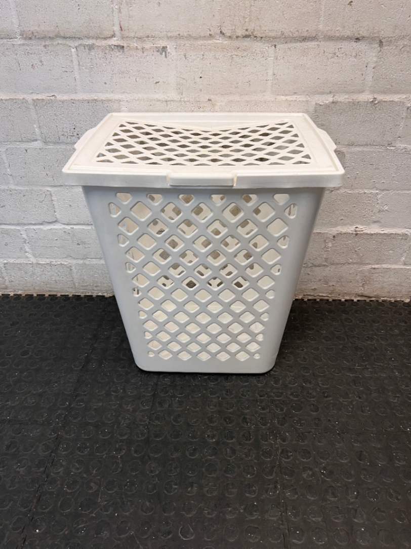White Plastic Lidded Laundry Basket — Used Condition; Fair