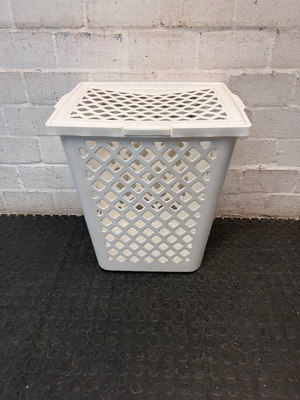 White Plastic Lidded Laundry Basket — Used Condition; Fair