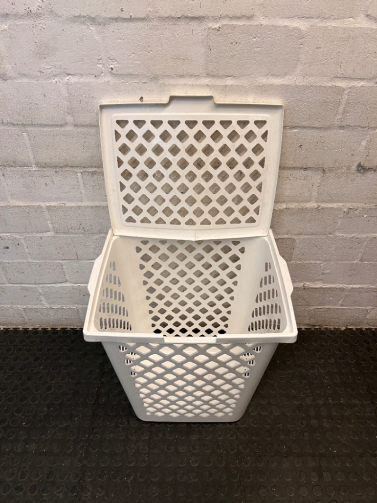 White Plastic Lidded Laundry Basket — Used Condition; Fair