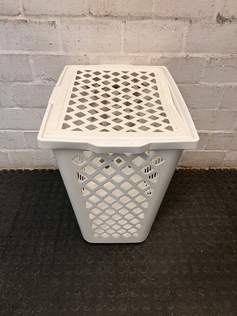 White Plastic Lidded Laundry Basket — Used Condition; Fair