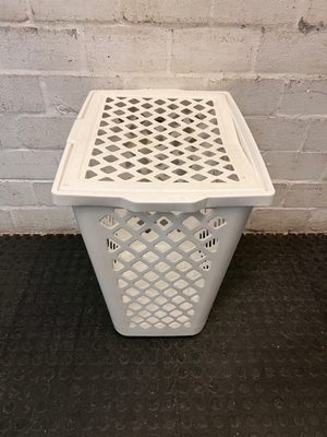 White Plastic Lidded Laundry Basket — Used Condition; Fair