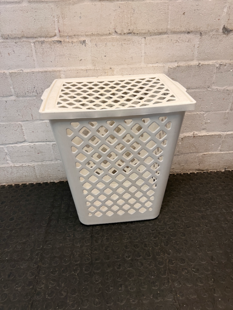 White Plastic Lidded Laundry Basket — Used Condition; Fair