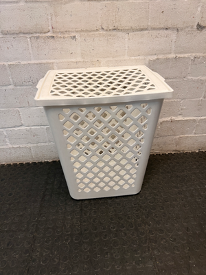 White Plastic Lidded Laundry Basket — Used Condition; Fair