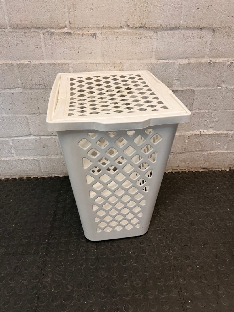 White Plastic Lidded Laundry Basket — Used Condition; Fair