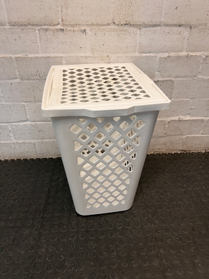White Plastic Lidded Laundry Basket — Used Condition; Fair
