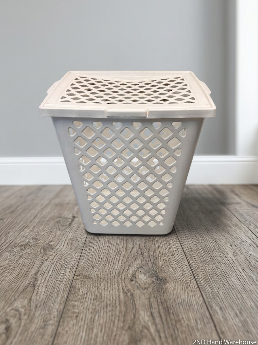 White Plastic Lidded Laundry Basket — Used Condition; Fair