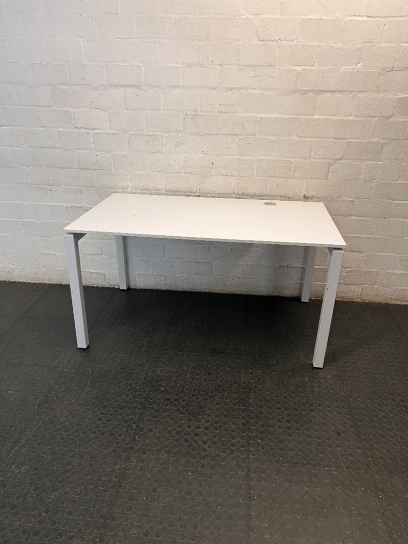 White Rectangular Office Desk with Cable Port — Fair Condition with Minor Surface Wear