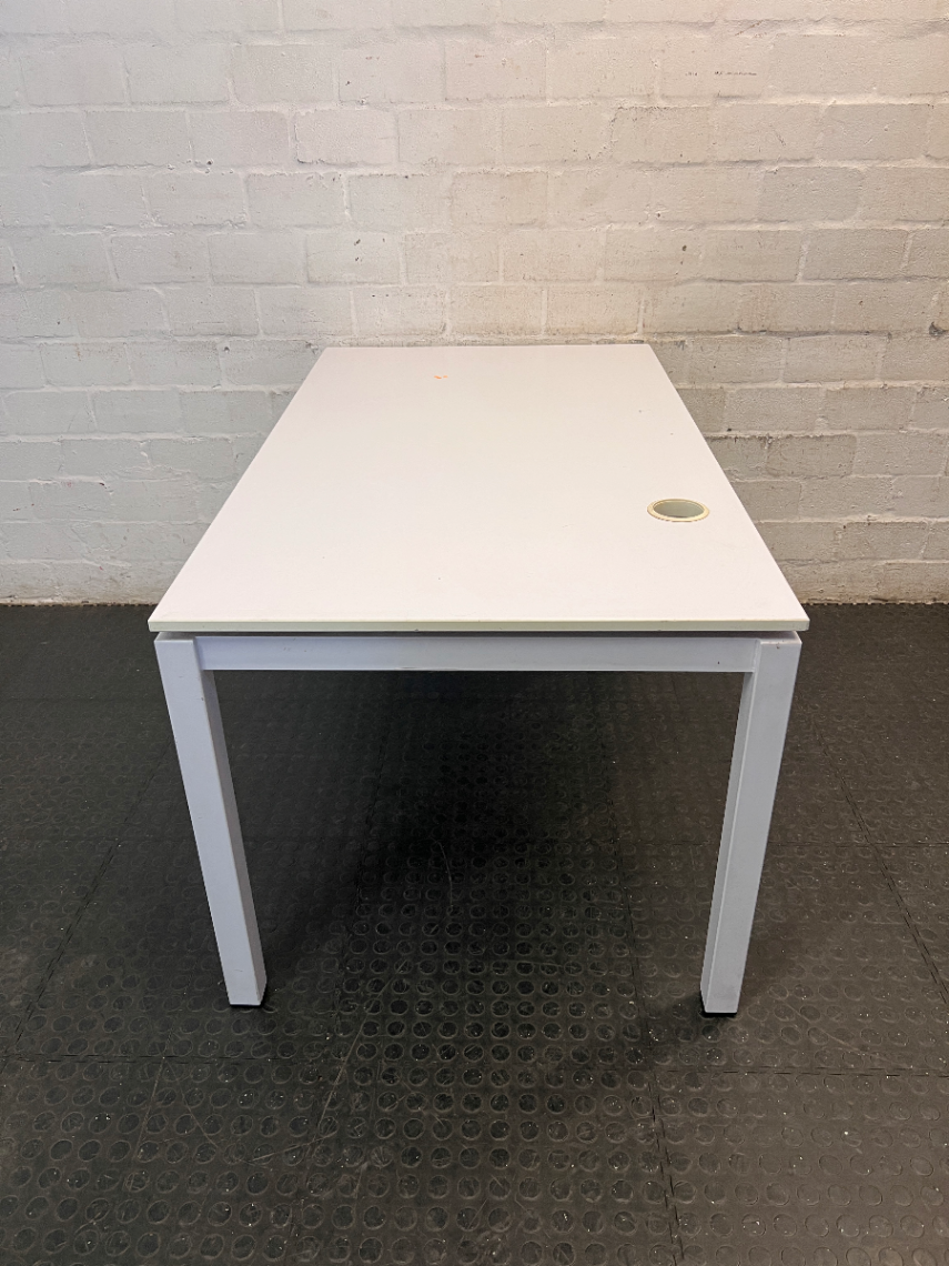 White Rectangular Office Desk with Cable Port — Fair Condition with Minor Surface Wear