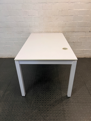 White Rectangular Office Desk with Cable Port — Fair Condition with Minor Surface Wear