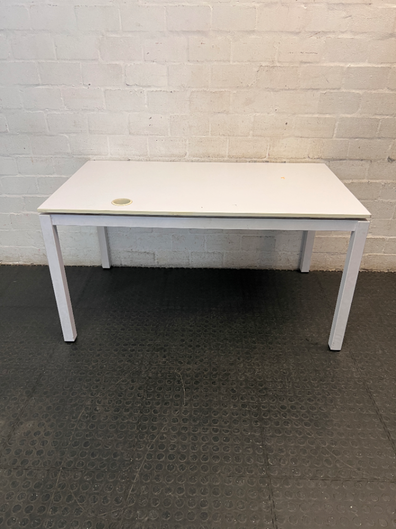 White Rectangular Office Desk with Cable Port — Fair Condition with Minor Surface Wear