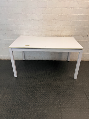 White Rectangular Office Desk with Cable Port — Fair Condition with Minor Surface Wear