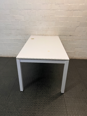White Rectangular Office Desk with Cable Port — Fair Condition with Minor Surface Wear