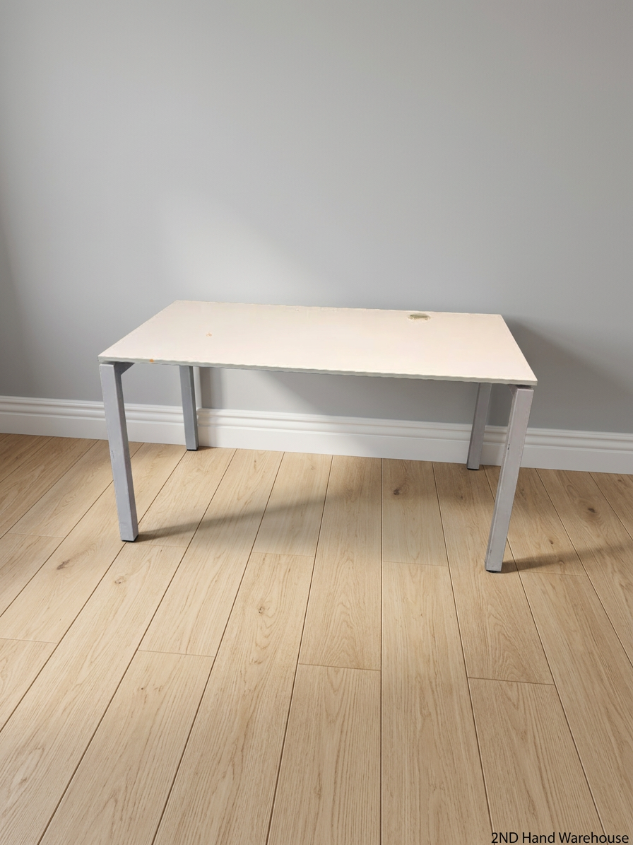 White Rectangular Office Desk with Cable Port — Fair Condition with Minor Surface Wear