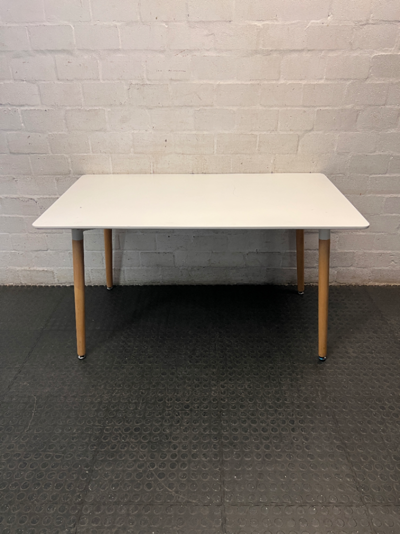 White Rectangular Table with Tapered Wooden Legs — Fair Used Condition