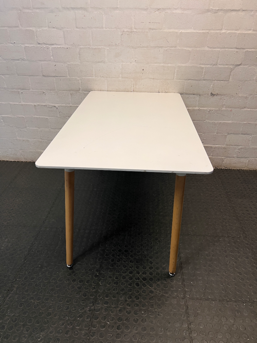White Rectangular Table with Tapered Wooden Legs — Fair Used Condition