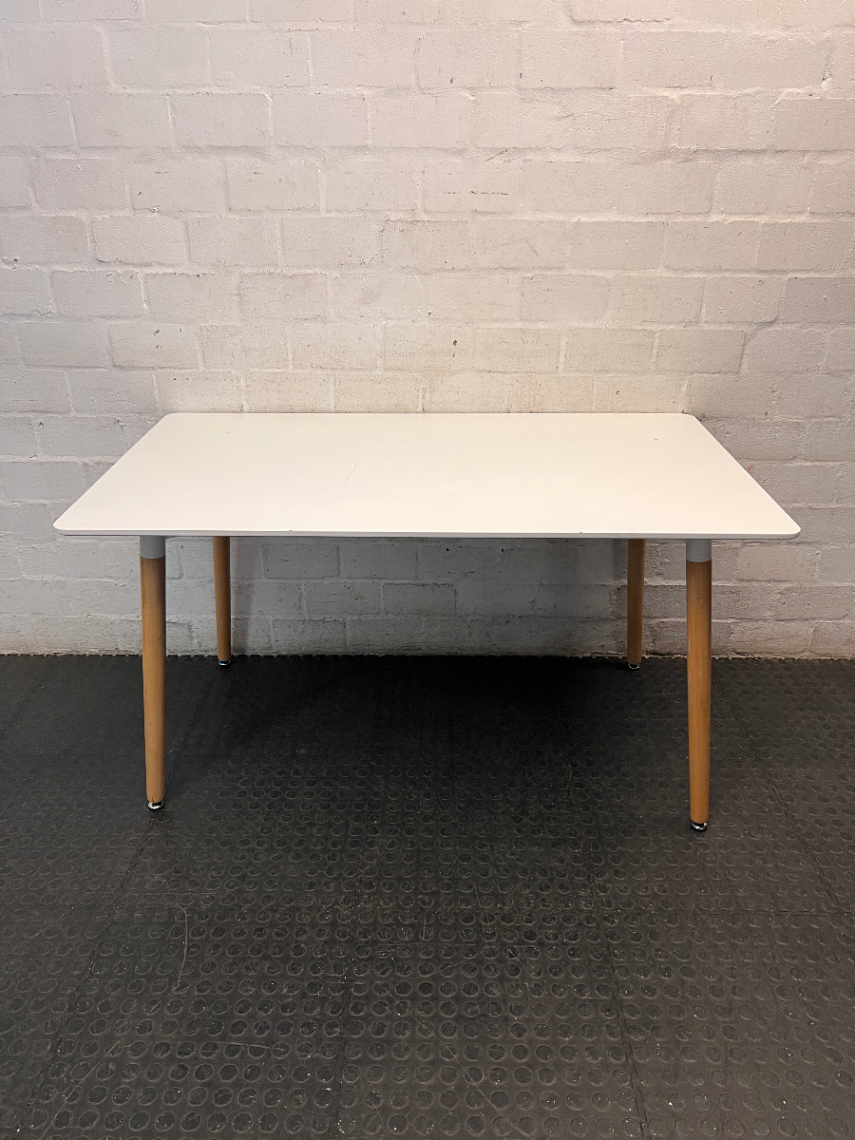 White Rectangular Table with Tapered Wooden Legs — Fair Used Condition