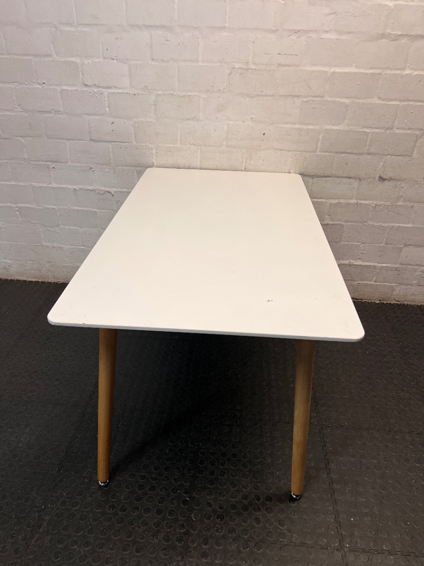 White Rectangular Table with Tapered Wooden Legs — Fair Used Condition