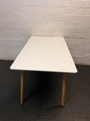 White Rectangular Table with Tapered Wooden Legs — Fair Used Condition