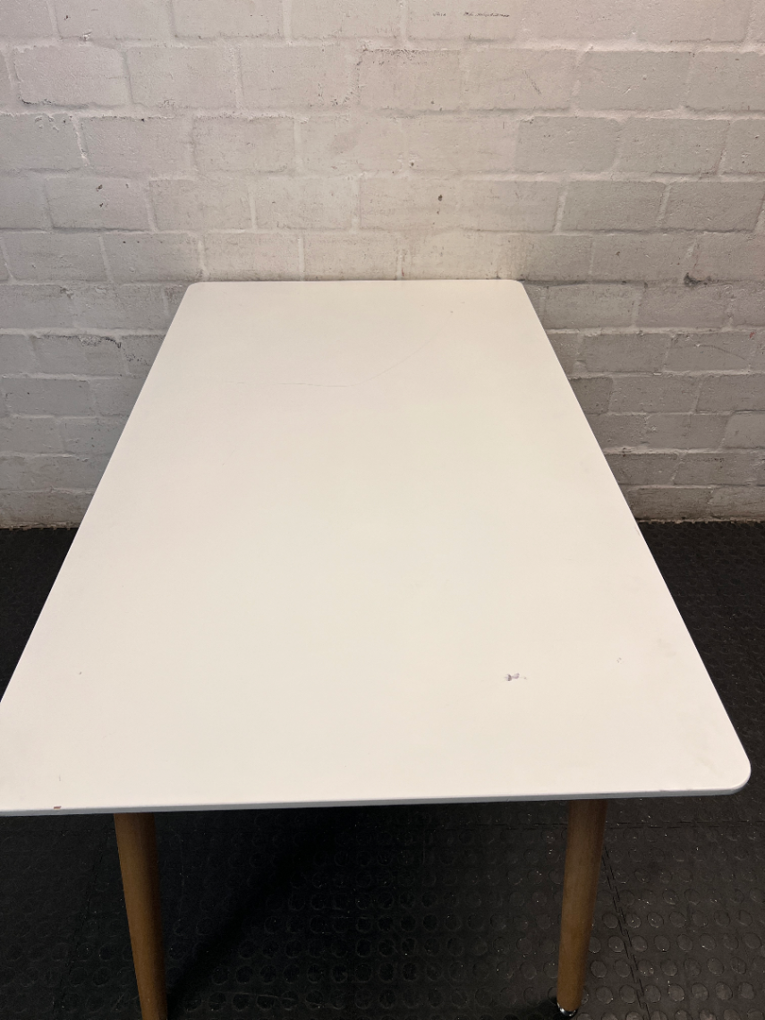 White Rectangular Table with Tapered Wooden Legs — Fair Used Condition